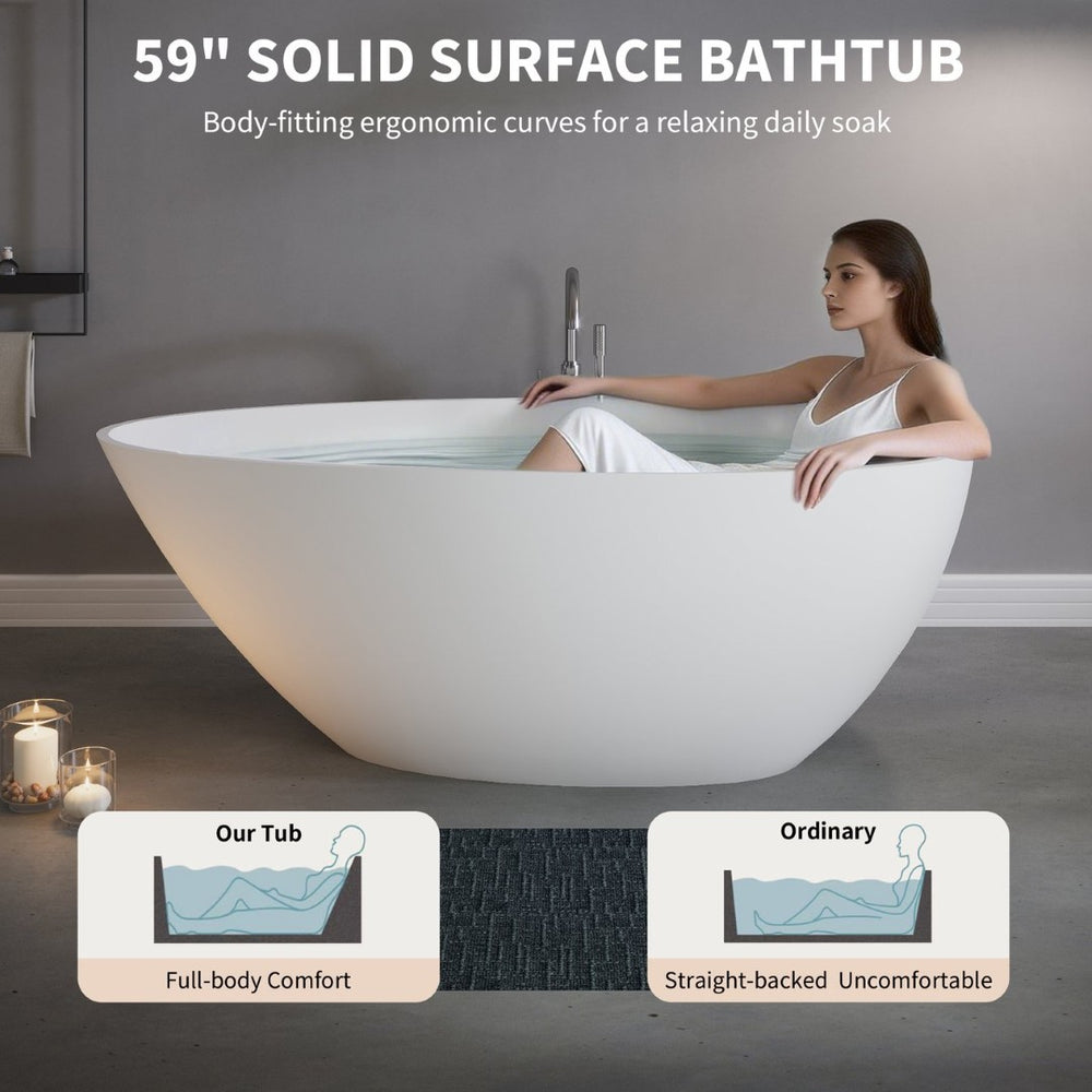 English Elm 59" Stone Resin Freestanding Soaking Tub Spa Grade Oval Design for Modern Baths Matte White W1920P410079