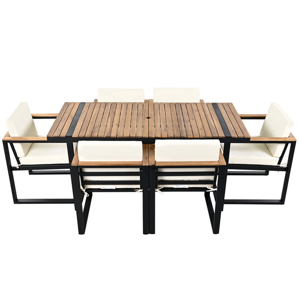 English Elm 7 Piece Outdoor Dining Set with Acacia Wood & Steel Frame, Water-Resistant Cushions, Umbrella Hole Beige N719Z000140A