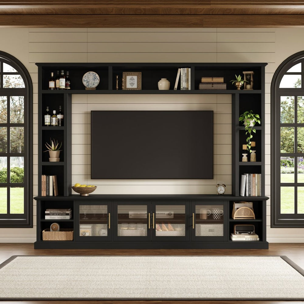 English Elm Entertainment Wall Unit with Glass Doors Open Shelving Mdf Living Room Storage Black N710S688100B