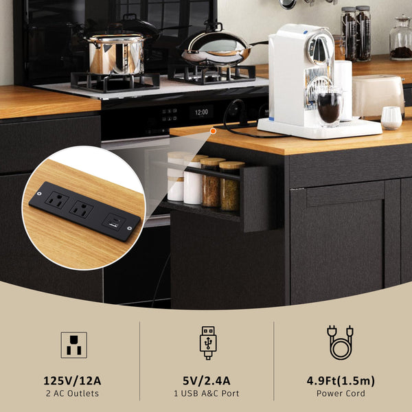 English Elm K&K 43.3" Kitchen Island with 27.6" Extendable Dining Table, Power Outlet, 7 Wheels, Ample Storage Black N707P303401B