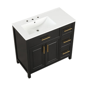 English Elm 36" Matte Freestanding Bathroom Vanity Solid Wood Cabinet Ceramic Sink Three Drawers Black N725P364205B