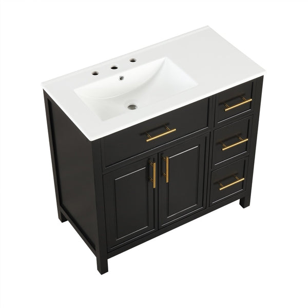 English Elm 36" Matte Freestanding Bathroom Vanity Solid Wood Cabinet Ceramic Sink Three Drawers Black N725P364205B