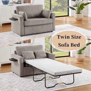 English Elm Twin Convertible Sofa Bed with Foldable Side Table, USB Ports, Storage Pocket & Lumbar Pillows for Small Spaces Grey+Brown N719S002030D