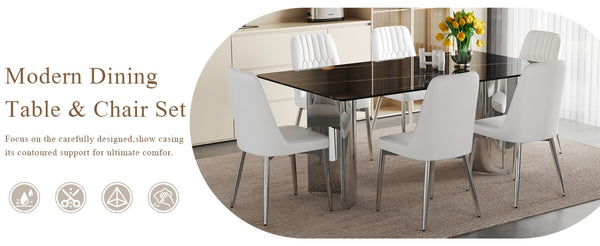 English Elm Table And Chair Set - Modern Minimalist Dining Ensemble With Imitation Marble Top & Pu Cushions W1151S04188-GIGA