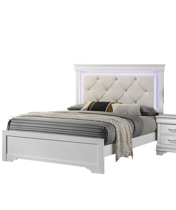English Elm White Faux Leather Tufted Headboard Queen Bed with LED Lighting, Diamond Tuft Buttons, Luxurious Chic Retreat B011S01685
