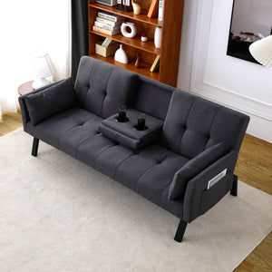 English Elm 70-inch Foldable Cotton Linen Sofa Bed with Cup Holder & Side Storage, Space-Saving 2-Seater Design DARK GREY W3371P337199
