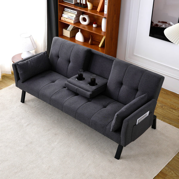 English Elm 70-inch Foldable Cotton Linen Sofa Bed with Cup Holder & Side Storage, Space-Saving 2-Seater Design DARK GREY W3371P337199