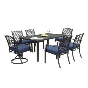 English Elm Outdoor 7-Piece Patio Dining Set With Swivel Chairs & Removable Navy Cushions For Ultimate Comfort W1859S00114