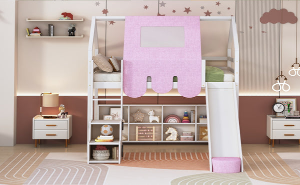 English Elm Twin House Loft Bed with Tent Canopy Slide and Shelves Pinewood Kids Frame White LT000682AAK