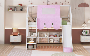English Elm Twin House Loft Bed with Tent Canopy Slide and Shelves Pinewood Kids Frame White LT000682AAK-1