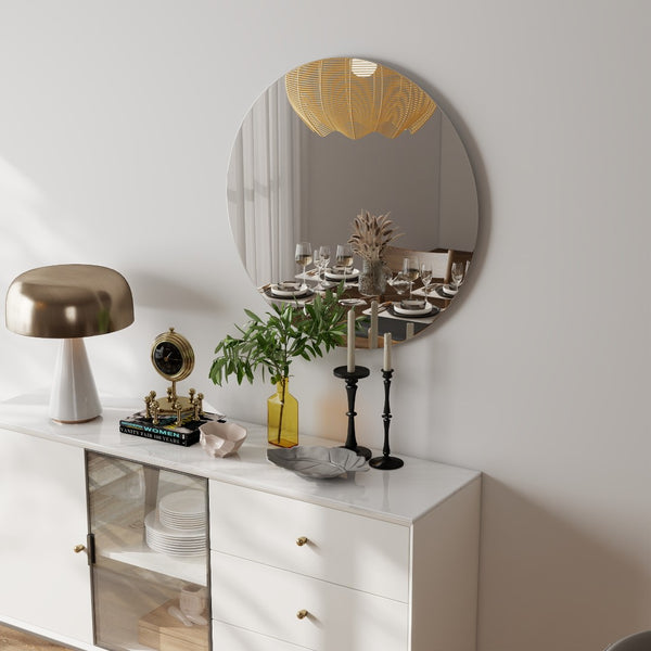 English Elm 70cm Round Wall Mirror Matte White Backboard Minimalist Bathroom Bedroom Decor W3151P265973