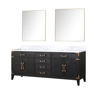 English Elm Black Oak Double Bath Vanity With Carrara Marble Top, Soft-Close Storage & 36" Mirrors Included B2731S02155