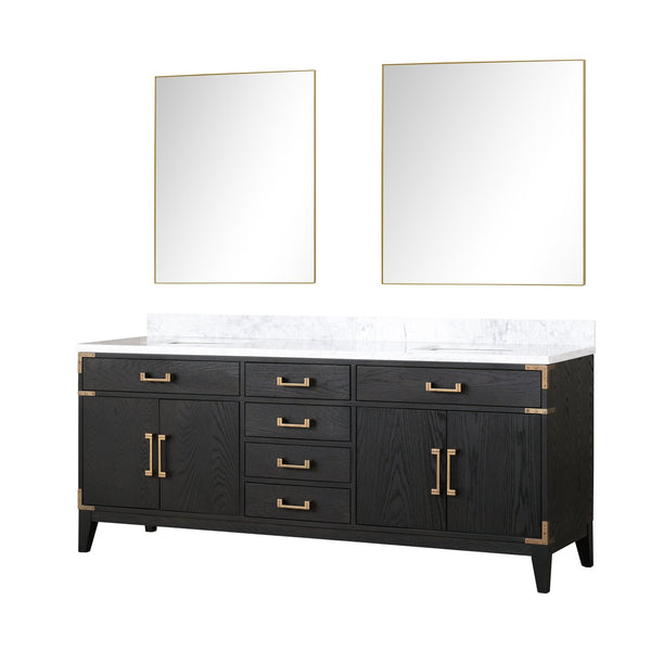 English Elm Black Oak Double Bath Vanity With Carrara Marble Top, Soft-Close Storage & 36" Mirrors Included B2731S02155