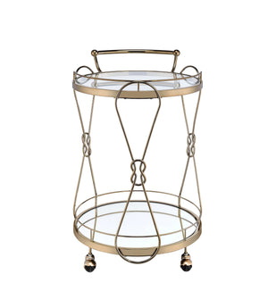 English Elm Zekera Champagne Round Serving Cart with Tempered Glass Top, Mirrored Shelf & Smooth Casters —Elegant Mobile Bar B2726P286820