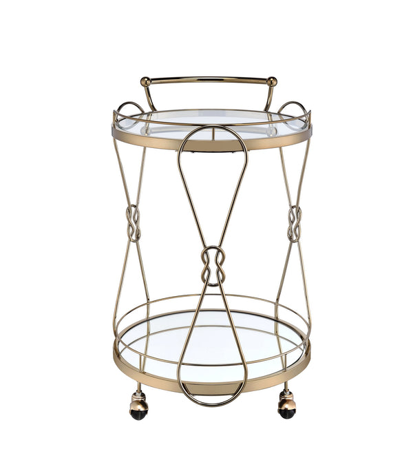 English Elm Zekera Champagne Round Serving Cart with Tempered Glass Top, Mirrored Shelf & Smooth Casters —Elegant Mobile Bar B2726P286820