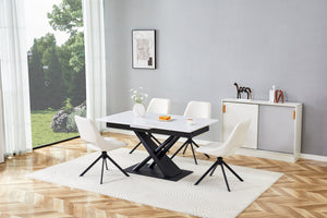 English Elm Modern Extendable Dining Table with Walnut MDF Veneer Top, Dual V-Shaped Metal Base, Sleek Durable Design White Marble W3493S00006