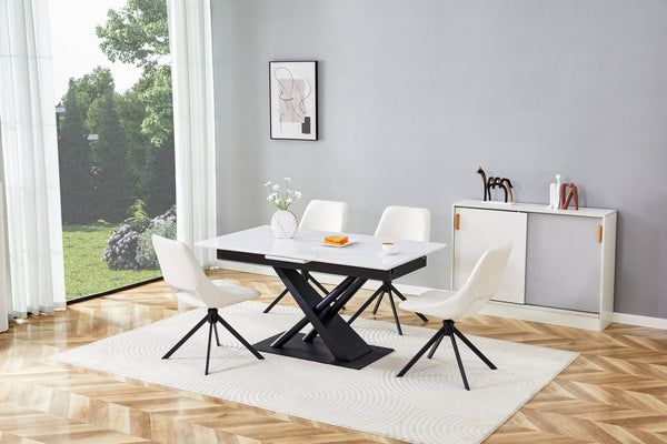 English Elm Modern Extendable Dining Table with Walnut MDF Veneer Top, Dual V-Shaped Metal Base, Sleek Durable Design White Marble W3493S00006