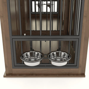 English Elm 71'' Walnut Woodgrain Dog Kennel Cabinet with Fluted Drawers and Built-in Power Station W5216S00002