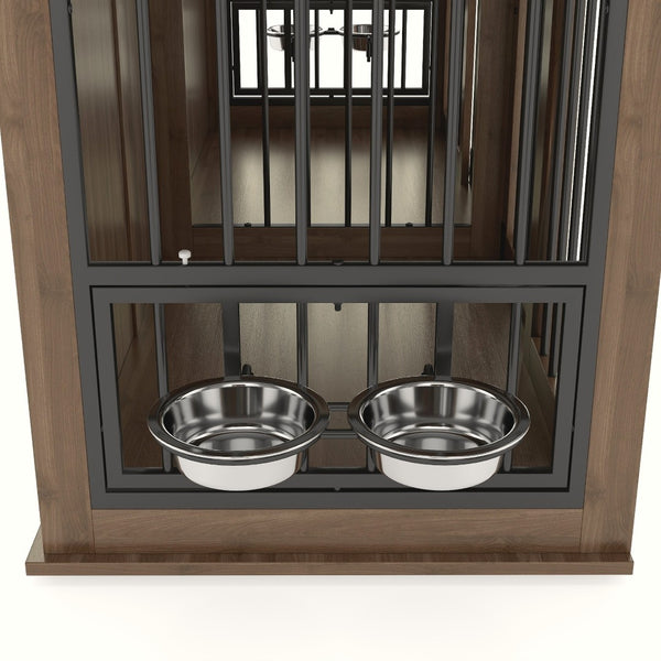 English Elm 71'' Walnut Woodgrain Dog Kennel Cabinet with Fluted Drawers and Built-in Power Station W5216S00002