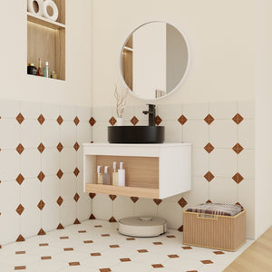 English Elm 24" Floating Bathroom Vanity Open Shelf Plywood Cabinet with Ceramic Vessel Sink W3450S00052