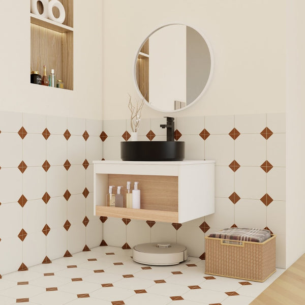 English Elm 24" Floating Bathroom Vanity Open Shelf Plywood Cabinet with Ceramic Vessel Sink W3450S00052