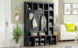 English Elm On-Trend Farmhouse Hall Tree With 6 Hooks & Storage Bench – 4-In-1 Entryway Organizer In Walnut & Black N721S000044B-GIGA