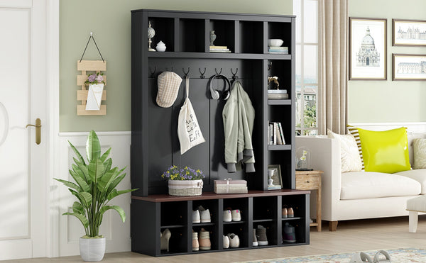 English Elm On-Trend Farmhouse Hall Tree With 6 Hooks & Storage Bench – 4-In-1 Entryway Organizer In Walnut & Black N721S000044B-GIGA