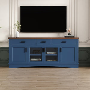 English Elm Christopher Knight Home® - Modern Blue TV Stand 67" with Walnut Top, Glass Door Center, 3 Drawers & Adjustable Shelves for Storage and Media Organization N779P296233B