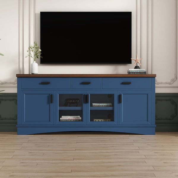 English Elm Christopher Knight Home® - Modern Blue TV Stand 67" with Walnut Top, Glass Door Center, 3 Drawers & Adjustable Shelves for Storage and Media Organization N779P296233B