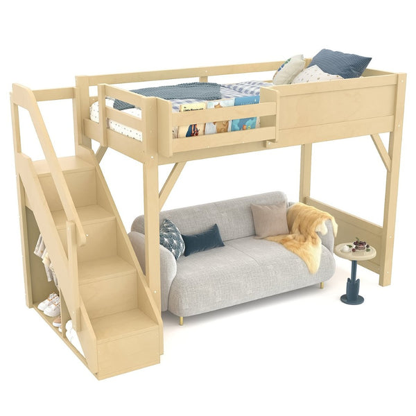 English Elm Twin Low Loft Bed Solid Pine Frame Kids Study Desk Blackboard Storage White Natural W1580S00547