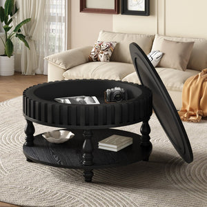 English Elm Farmhouse Fluted Square Coffee Table with Flip Top Hidden Compartment and Open Shelf Black W1445P370482
