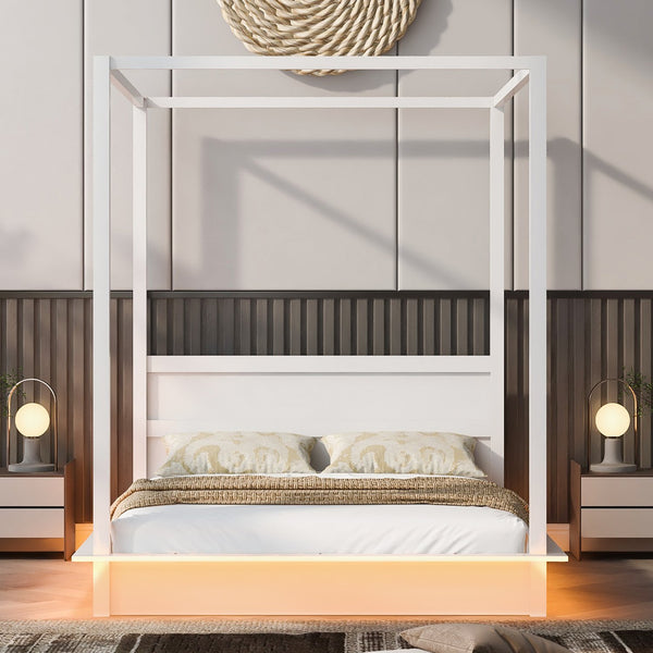 English Elm Queen LED Canopy Bed Frame White – Modern Platform Queen with Support Slats, No Box Spring Needed, Stylish Curtains-Friendly Design N708P292151K
