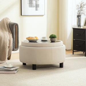 English Elm 29.33"w Fleece Tufted Round Storage Ottoman Reversible Lid Footstool for Living Room Beige W3189P422396