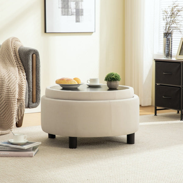 English Elm 29.33"w Fleece Tufted Round Storage Ottoman Reversible Lid Footstool for Living Room Beige W3189P422396