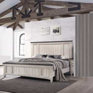 English Elm 1pc Rustic Industrial Queen Panel Bed with Cutout Headboard and Bench-Style Footboard, Solid Wood Finish Beige+Brown 85 L x 40.25 W x 6.15 H B011S01347