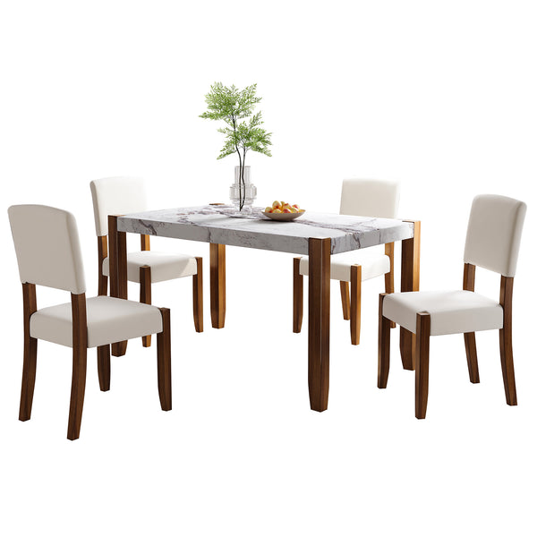 English Elm 5-Piece Modern Dining Set with 46.5" Faux Marble Table & 4 Upholstered Rubberwood Chairs, Space-Saving Elegance for Kitchen and Dining SQ000885AAK