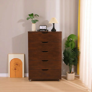 English Elm 5 Drawer Rolling Chest Distressed Finish Mobile Bedroom Storage Cabinet on Caster Wheels Dark Brown B372P444033