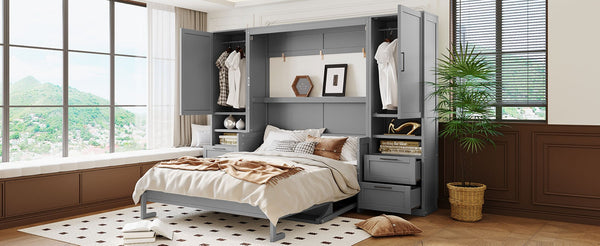English Elm Queen Murphy Fold Down Wall Bed with Wardrobe Drawers and Shelves for Guest Rooms Gray LP000909AAE-2