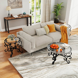 English Elm 3 Piece Tempered Glass Surface Coffee Table Set – Rustic Black Design For Elegant Living Room Décor W2167P220517