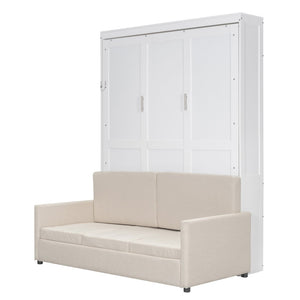 English Elm Queen Murphy Bed with Linen Cushion Sofa Folds Flat for Studio or Guest Room White LP000891AAK-1