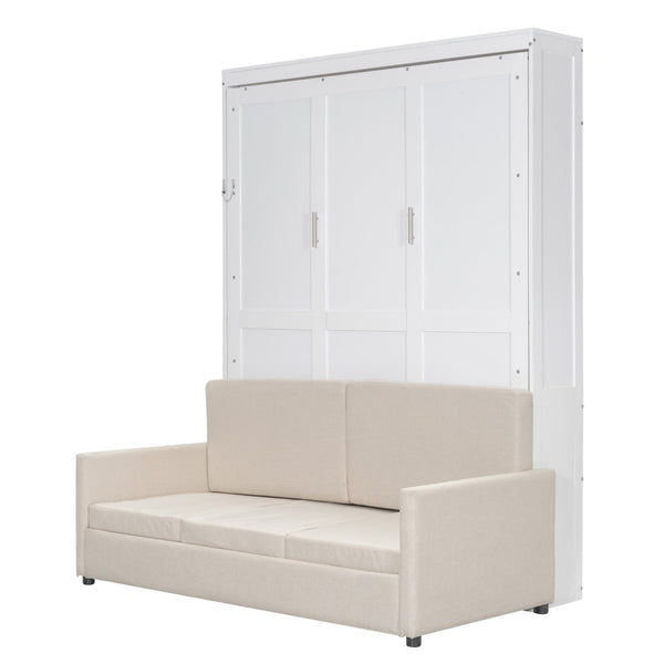 English Elm Queen Murphy Bed with Linen Cushion Sofa Folds Flat for Studio or Guest Room White LP000891AAK-1
