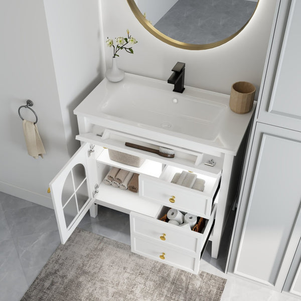 English Elm 35.6" Freestanding Bathroom Vanity with Roman Column Base and Ceramic Integrated Sink White W1801S00011