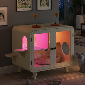 English Elm Cat Litter Box Enclosure Mdf Cabinet with Rgb Lighting Glass Doors and Play Loft Beige N704P419240A