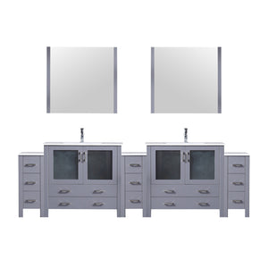 English Elm Dark Grey Double Bath Vanity 108 in with Side Cabinets, White Ceramic Top, Mirrors & Chrome Faucet Set B2731S01221