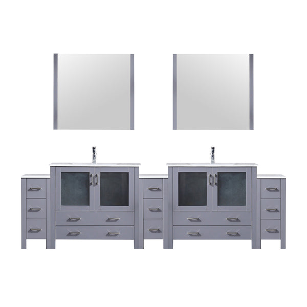 English Elm Dark Grey Double Bath Vanity 108 in with Side Cabinets, White Ceramic Top, Mirrors & Chrome Faucet Set B2731S01221