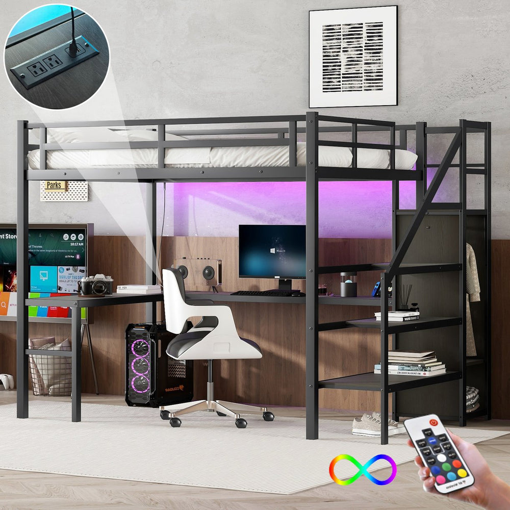 English Elm Full Xl Metal Loft Bed With L-Shaped Desk, Usb Ports & Led Light - Ideal Space-Saving Solution! W1580S00047