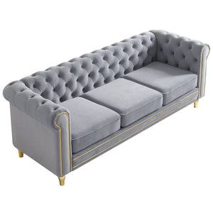English Elm Chesterfield 84.65" Rolled Arm Velvet Sofa Light Grey with Gold Trim, Deep Tufting & Plush Seats W579P326878