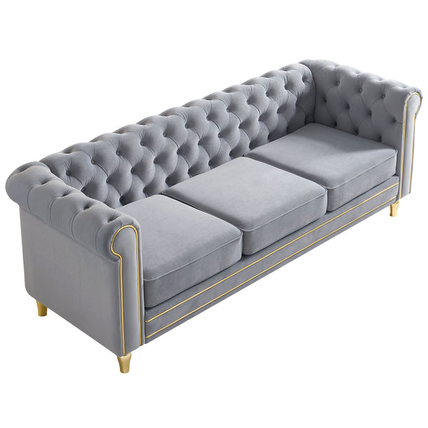 English Elm Chesterfield 84.65" Rolled Arm Velvet Sofa Light Grey with Gold Trim, Deep Tufting & Plush Seats W579P326878