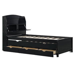 English Elm Twin LED Platform Bed with Trundle and Under-Storage Drawers, Flip-Up Headboard, USB Ports Espresso N820S10008D