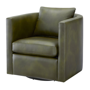 English Elm Sutton Fern Green Faux Leather Swivel Barrel Chair with Stain‑Resistant Fabric, Pocket Coil Seat, 360° Swivel Comfort B050P322589